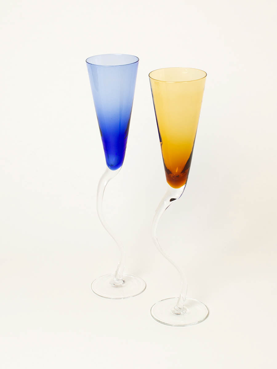 Set of 2 tall wavy amber and blue flutes