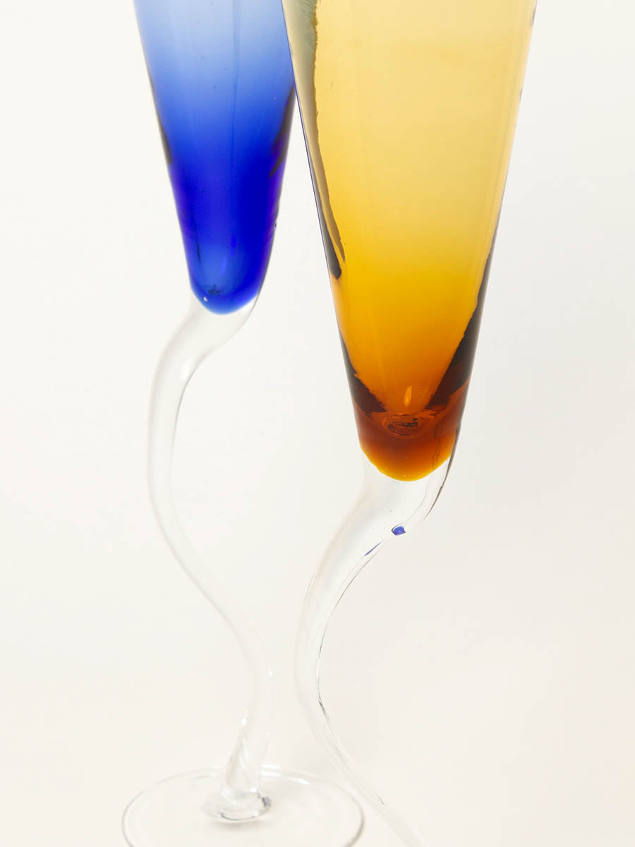 Set of 2 tall wavy amber and blue flutes