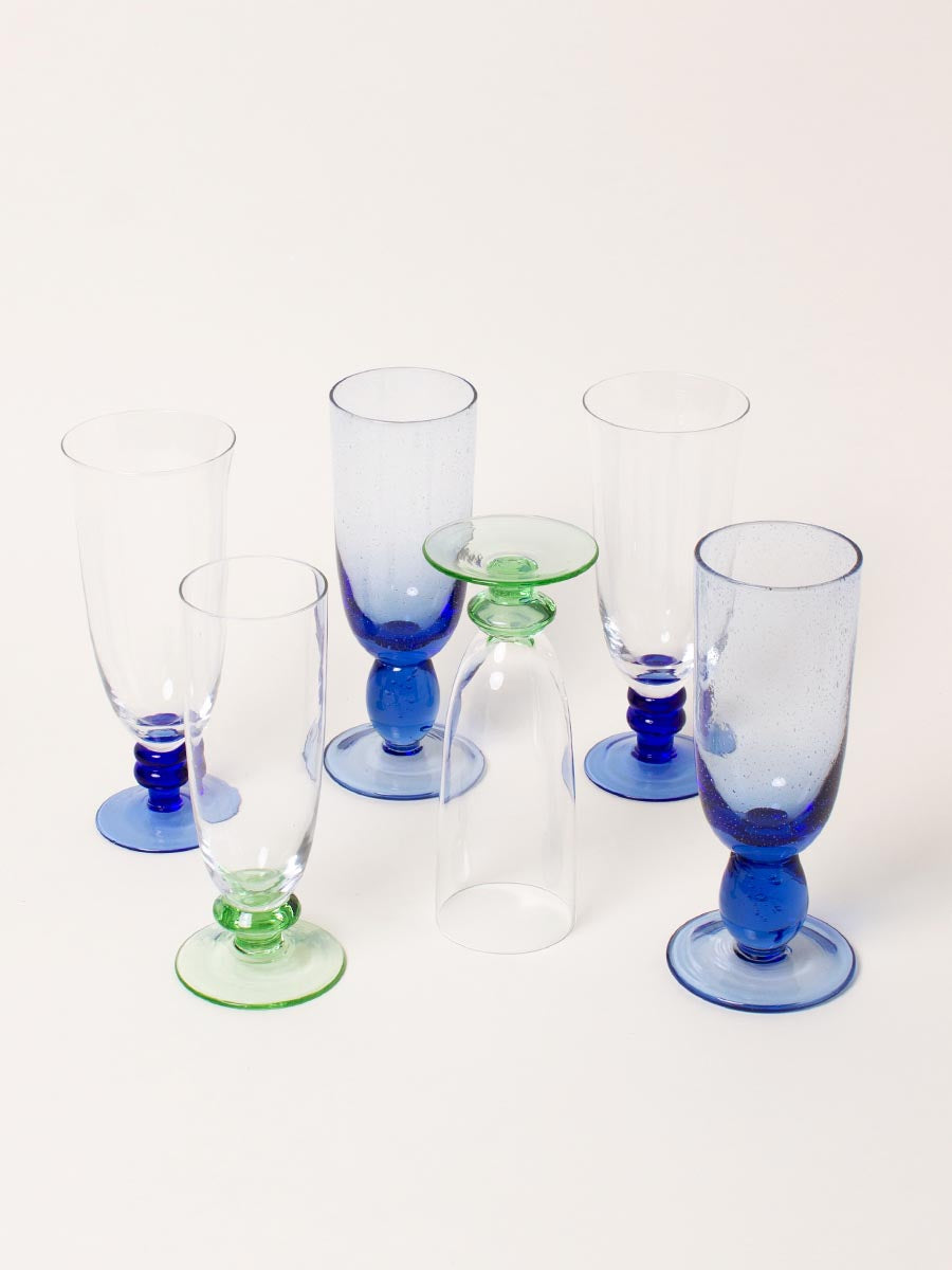 Set of 6 mixed green and blue flutes