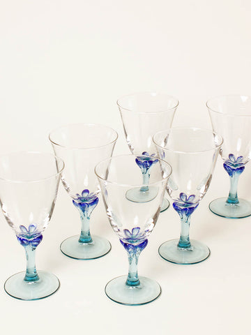 Set of 6 blue petal large wine glasses