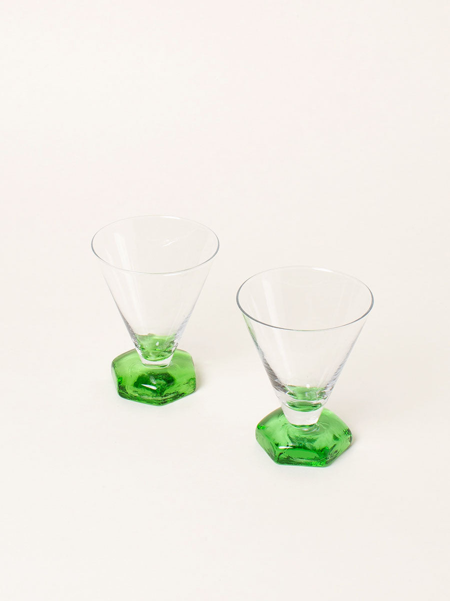 Set of 2 green base liquor glasses