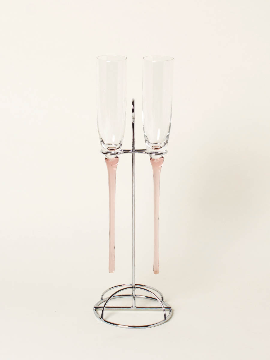 Set of 2 pink flutes in silver stand