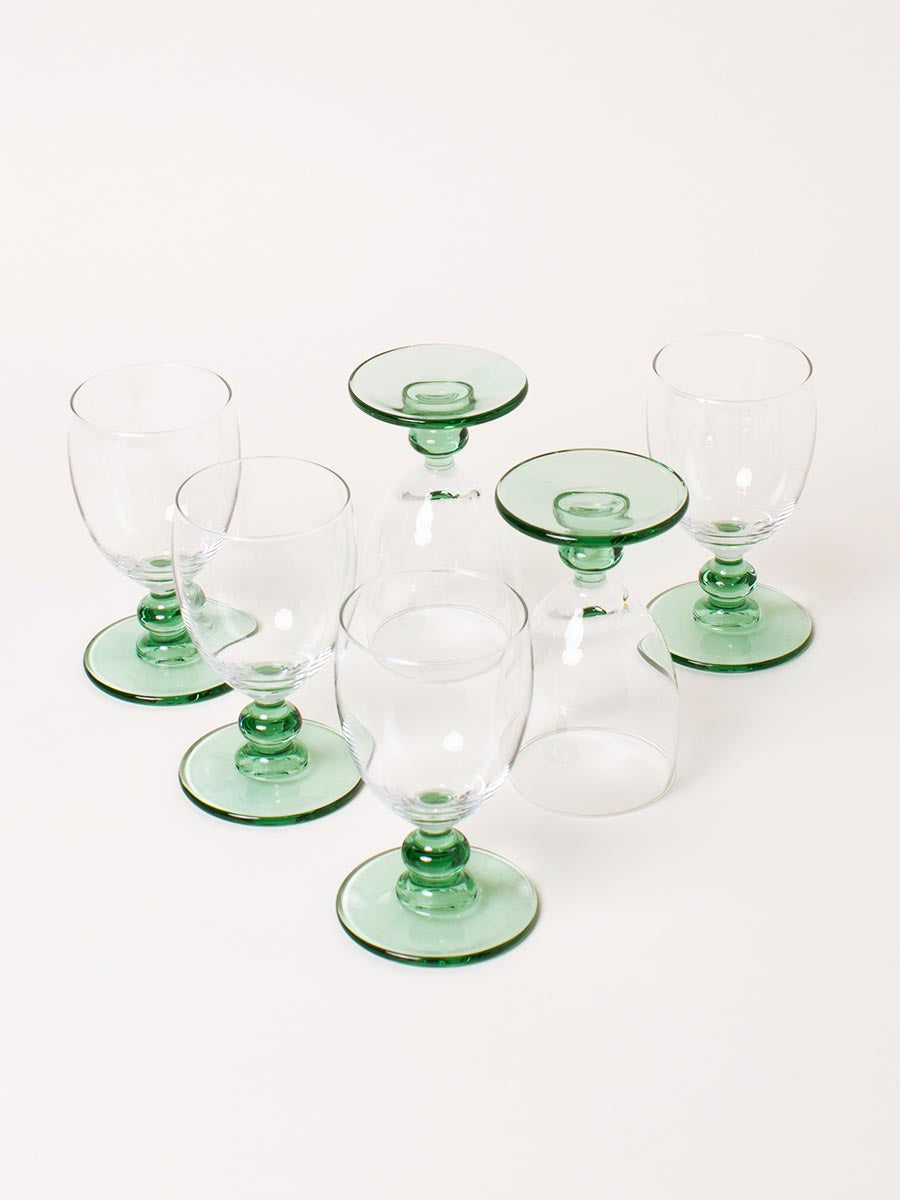 Set of 6 green white wine glasses