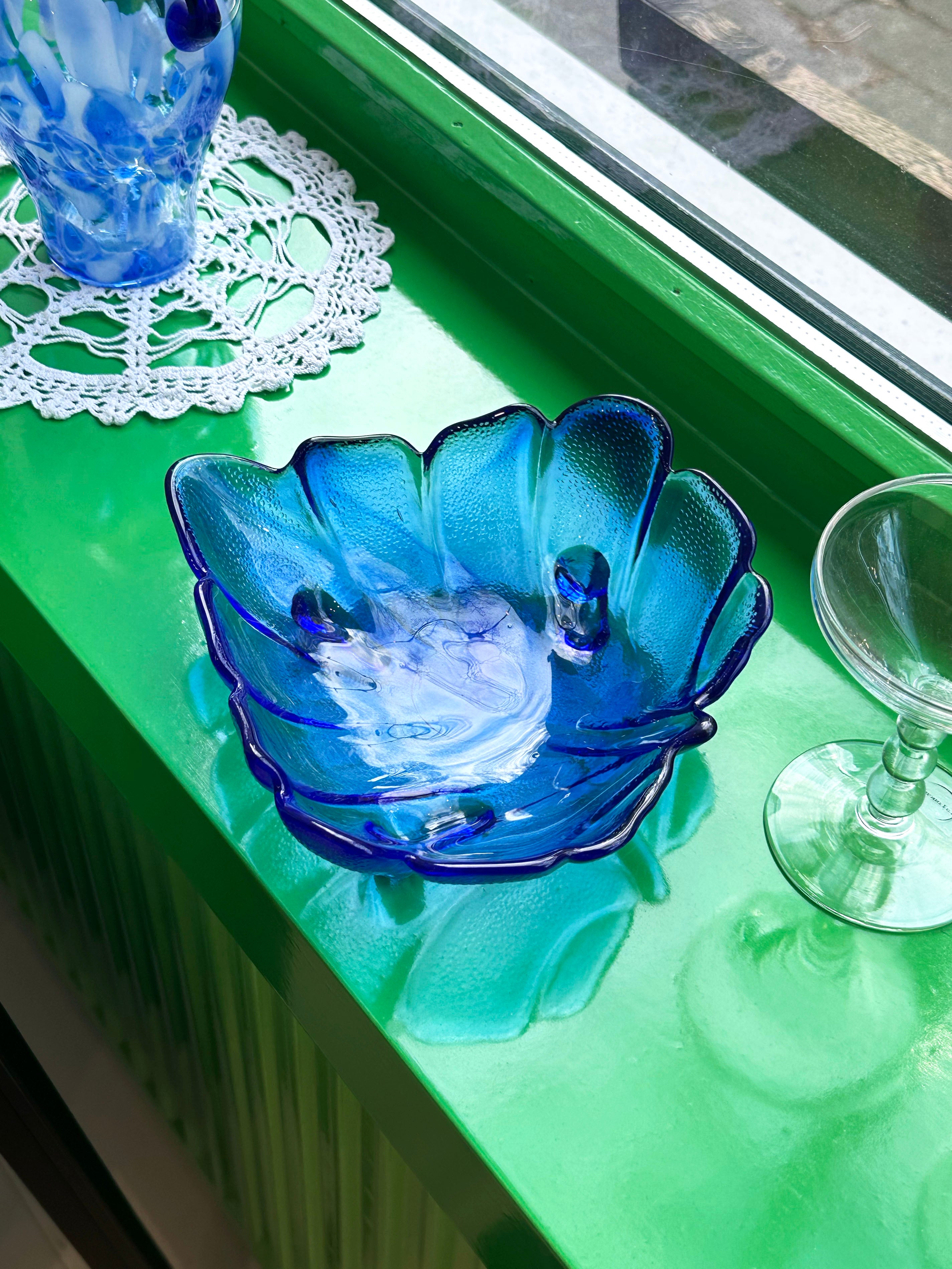 Cobalt blue glass leaf bowl